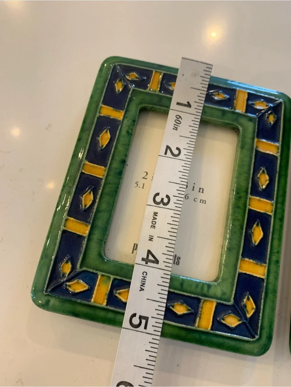 Pier 1 Ceramic Tile Frames 2” x 3” Set Of 2, Green, Blue Diamond Pattern flaw.